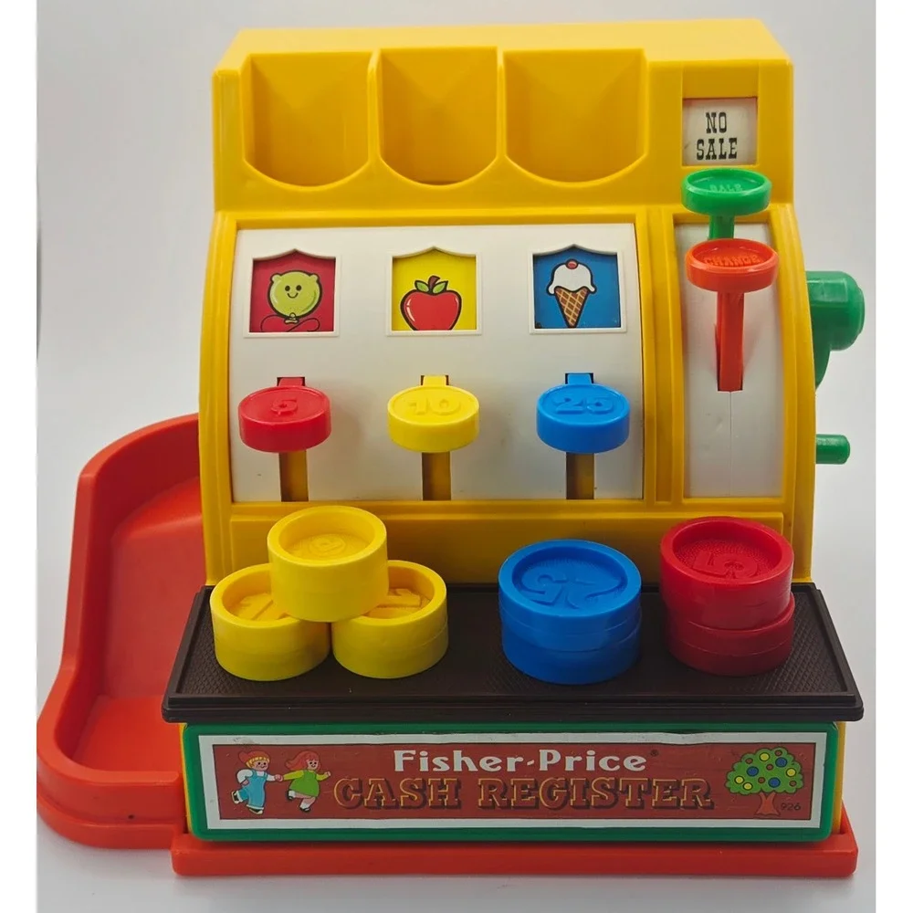 Vintage 1974 Fisher-Price Cash Register 926 Toy with 6 Coins Retro Bell WORKS